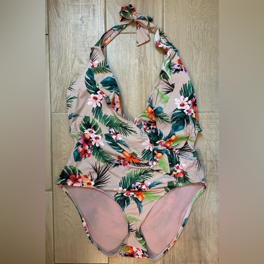 Floral One Piece Swimsuit with Plunging Neckline, Tie at Neck and Mid -NWOT - 2X